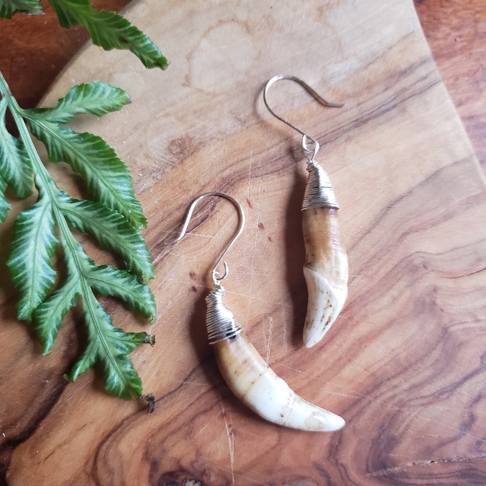Handmade Wire Wrapped Coyote Teeth Boho Bohemian Hippie Earrings